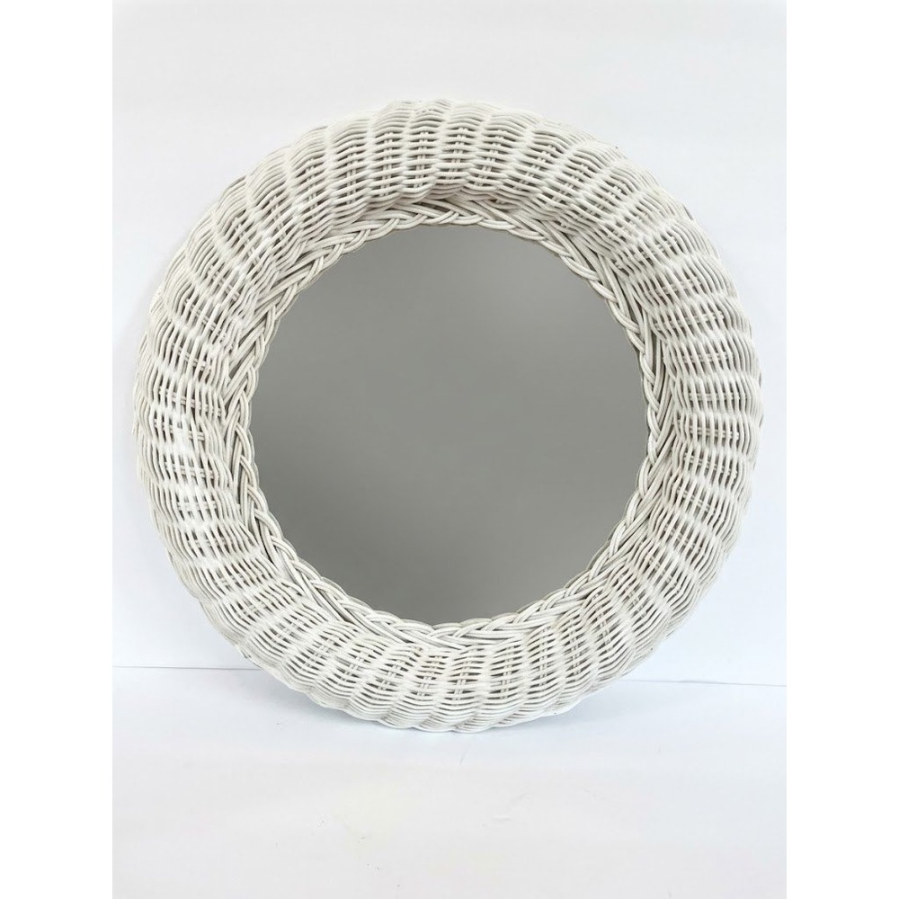 Vintage White Wicker Round Wall Mirror Coastal Cottagecore Woven Frame 16 Inch